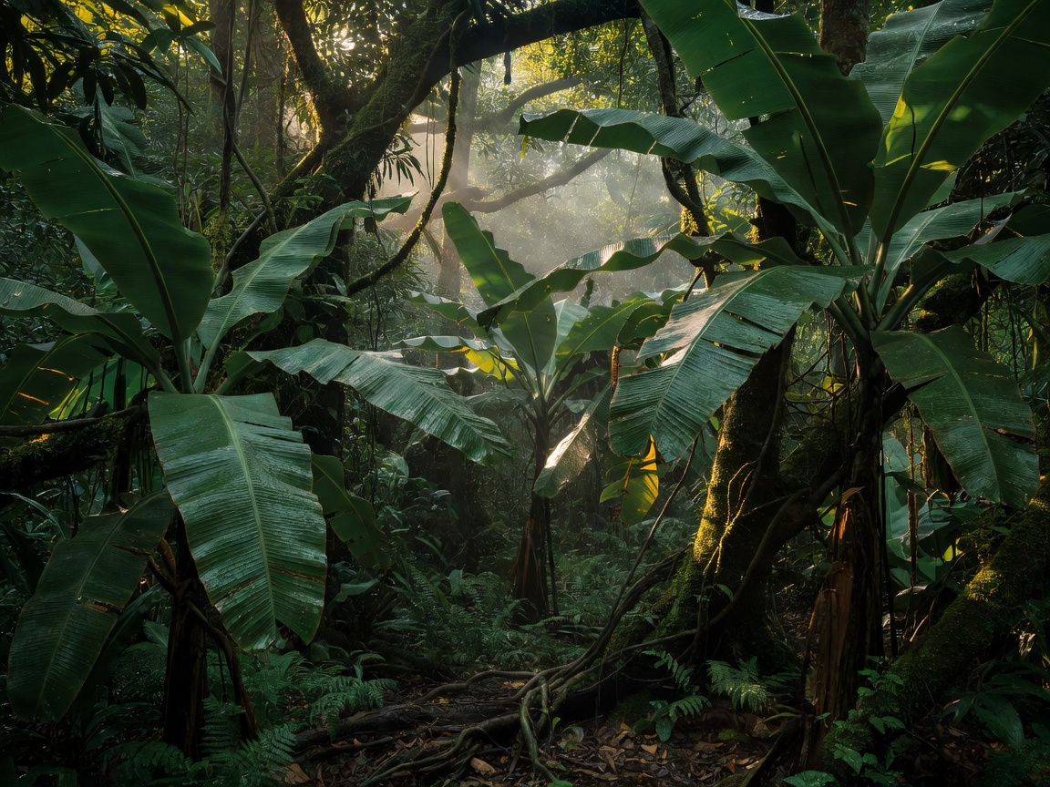 A cinematic photograph showing detailed layers of forest ferns, thick tropical banana leaves, and soft sunbeams piercing the green canopy.